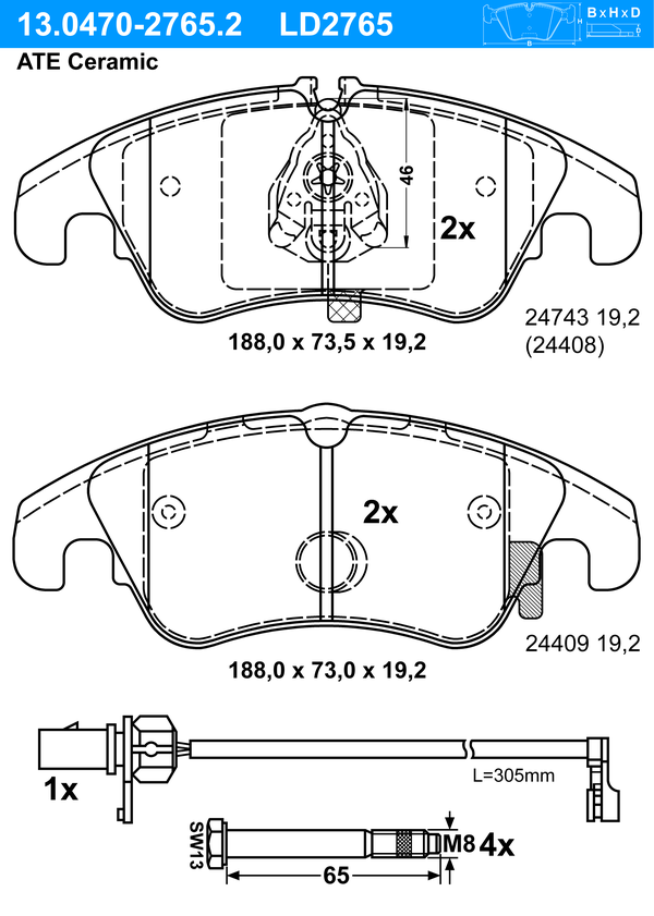 Kit de plaquettes de frein, frein à disque ATE Ceramic | ATE
