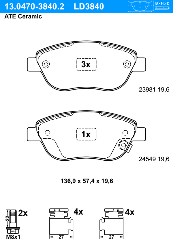 Kit de plaquettes de frein, frein à disque ATE Ceramic | ATE