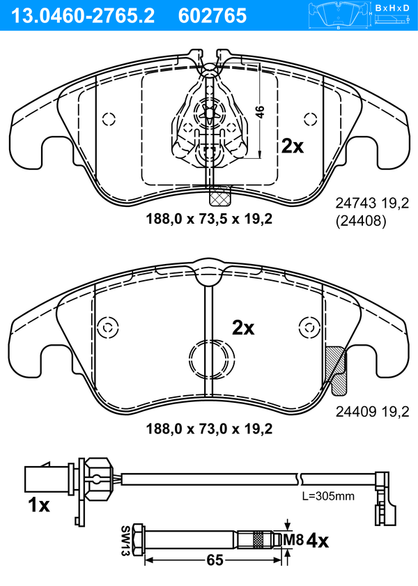 Jeu de 4 plaquettes de frein | ATE