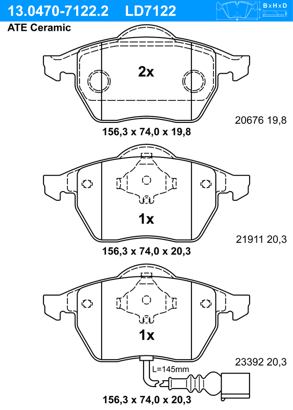 Kit de plaquettes de frein, frein à disque ATE Ceramic, Essieu avant, par ex. pour VW, Audi, Seat, Skoda