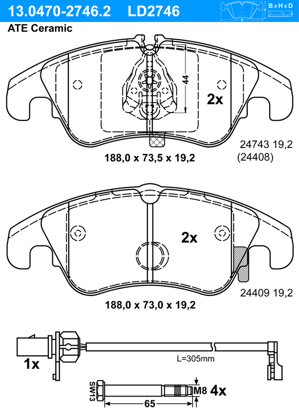Kit de plaquettes de frein, frein à disque ATE Ceramic | ATE