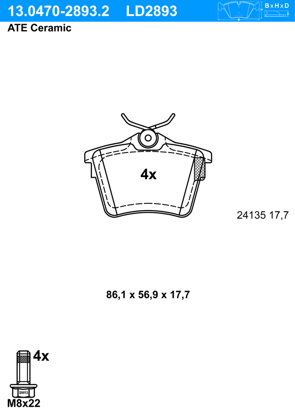 Kit de plaquettes de frein, frein à disque ATE Ceramic | ATE