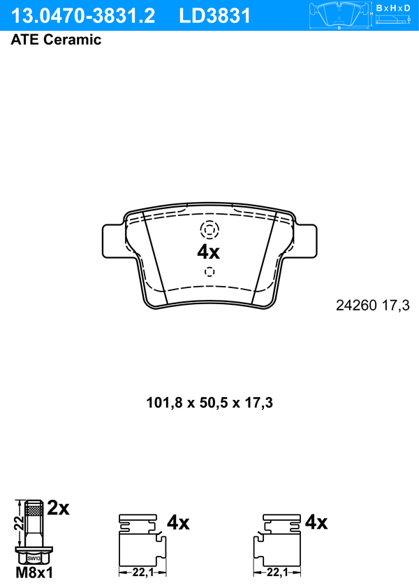 Kit de plaquettes de frein, frein à disque ATE Ceramic | ATE