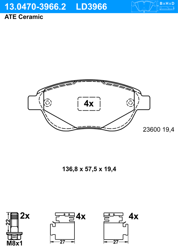 Kit de plaquettes de frein, frein à disque ATE Ceramic | ATE