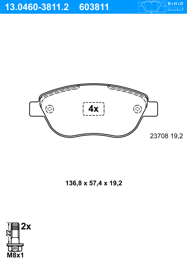 Jeu de 4 plaquettes de frein | ATE