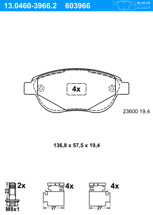 Jeu de 4 plaquettes de frein | ATE