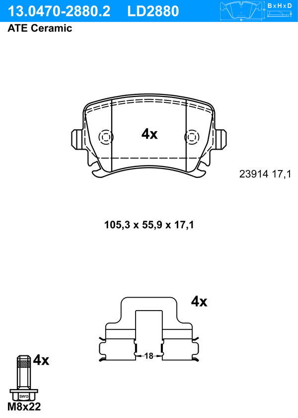 Kit de plaquettes de frein, frein à disque ATE Ceramic | ATE