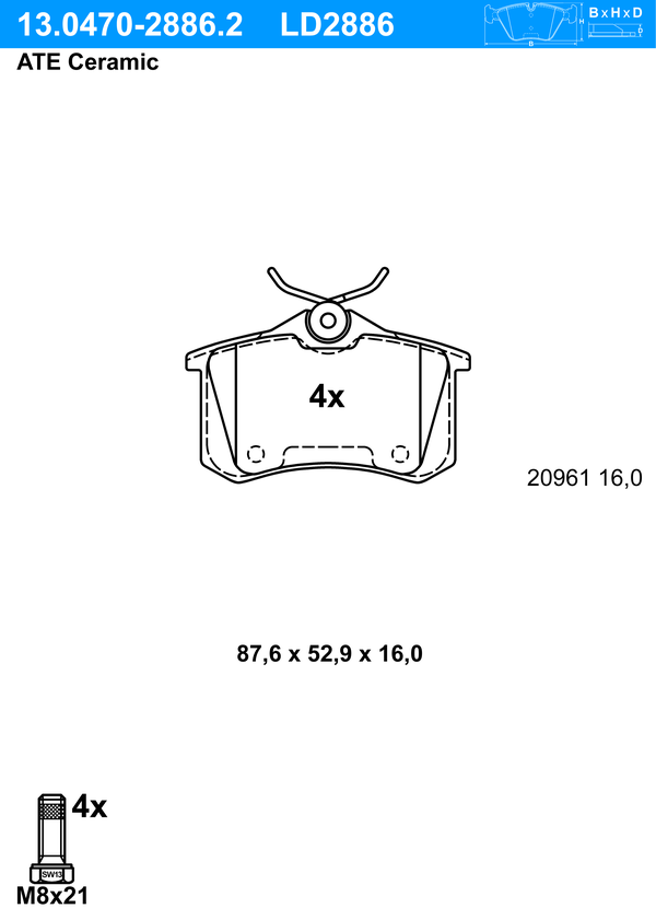 Kit de plaquettes de frein, frein à disque ATE Ceramic | ATE