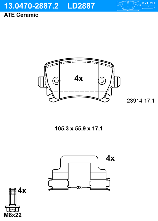 Kit de plaquettes de frein, frein à disque ATE Ceramic | ATE