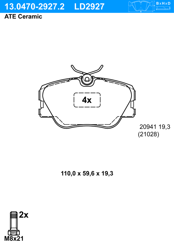 Kit de plaquettes de frein, frein à disque ATE Ceramic | ATE