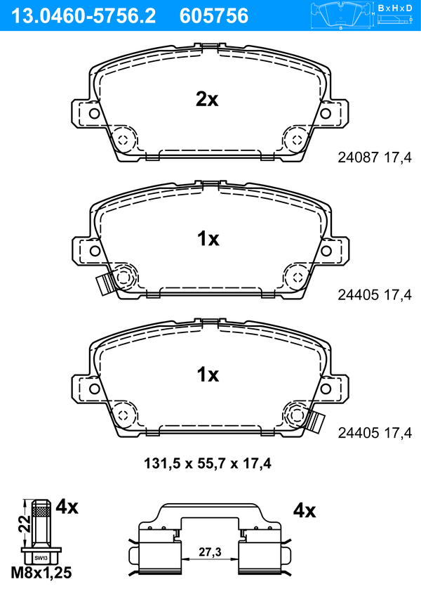 Jeu de 4 plaquettes de frein | ATE