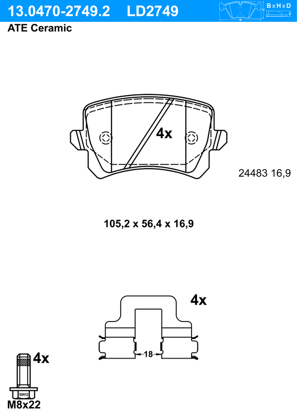 Kit de plaquettes de frein, frein à disque ATE Ceramic | ATE