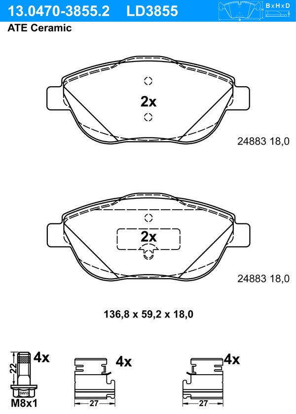 Kit de plaquettes de frein, frein à disque ATE Ceramic | ATE