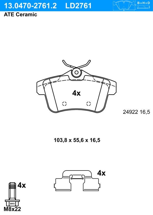 Kit de plaquettes de frein, frein à disque ATE Ceramic | ATE