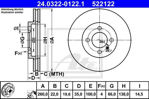 ATE Disque de frein 142020894 ventilé 260mm 22mm pour BMW