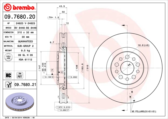 Brembo Disque De Frein Set09768021 Ventilé 310Mm Pour Peugeot CitroËN Fiat Lancia-image